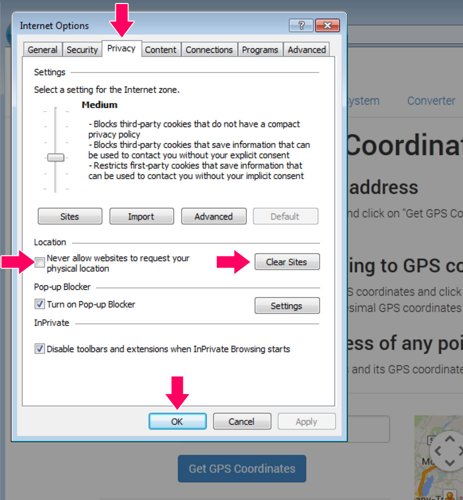 IE location settings